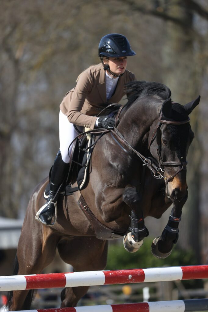 Cheval bai franchissant un obstacle rouge et blanc monté par sa cavalière.